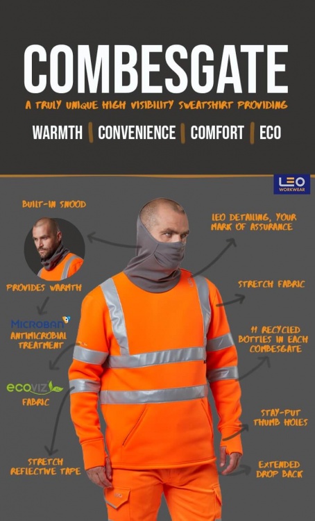 Leo Workwear SS06-Y COMBESGATE ISO 20471 Class 3 Snood EcoViz Sweatshirt Yellow
